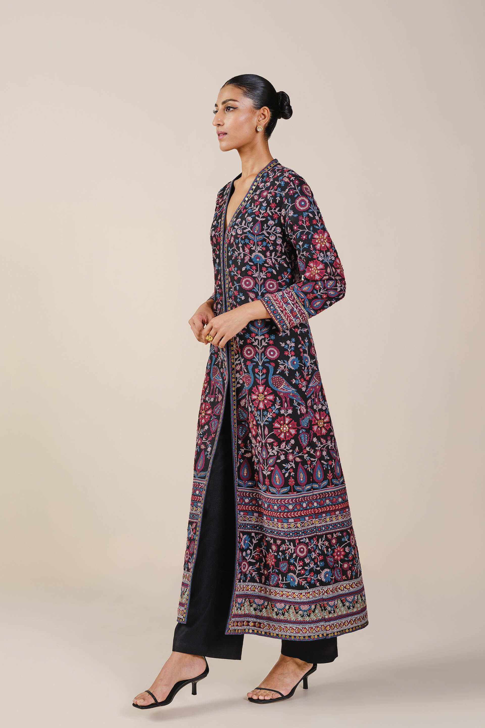 Starlit Serenade SEWA Hand-embroidered Silk Jacket Set - Black